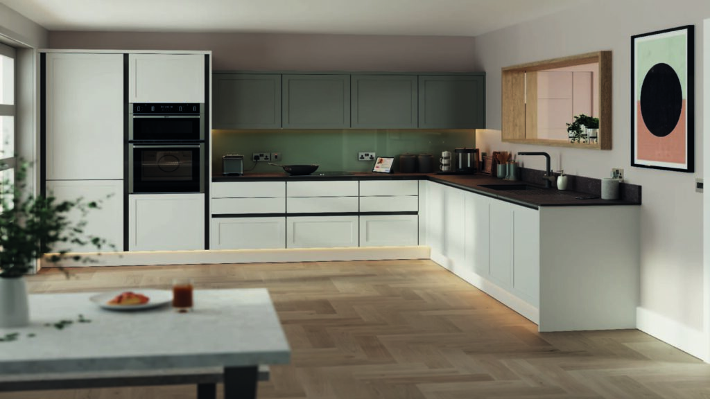 Oakham slim shaker kitchen doors in light grey, modern L-shaped kitchen with integrated appliances and wood flooring