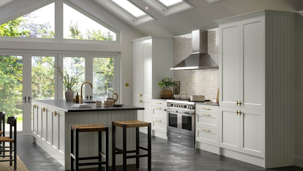 dove grey painted shaker kitchen doors in a bright modern kitchen