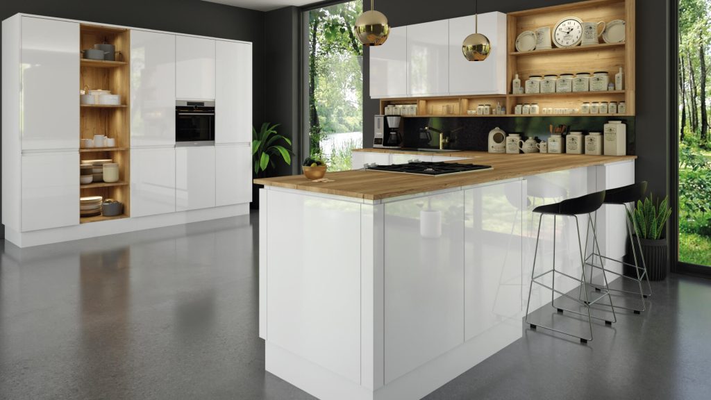 White high gloss kitchen doors illustrating a gloss vs matt kitchen comparison