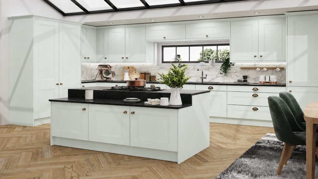 Buxton Satin White decorative traditional kitchen doors in a fitted kitchen