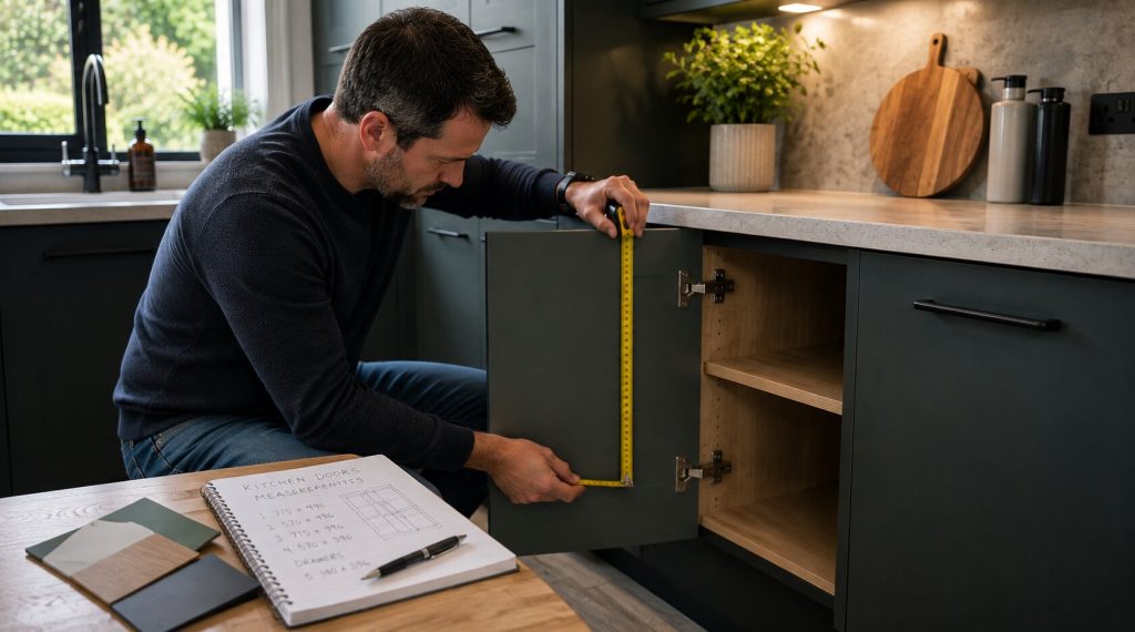 Homeowner measuring an existing kitchen door before ordering replacement kitchen doors