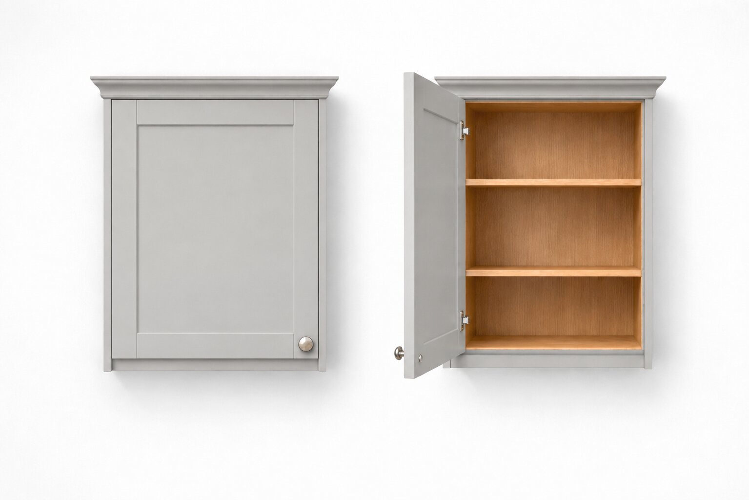 Left-hand kitchen cabinet door shown closed and open with hinges on the left