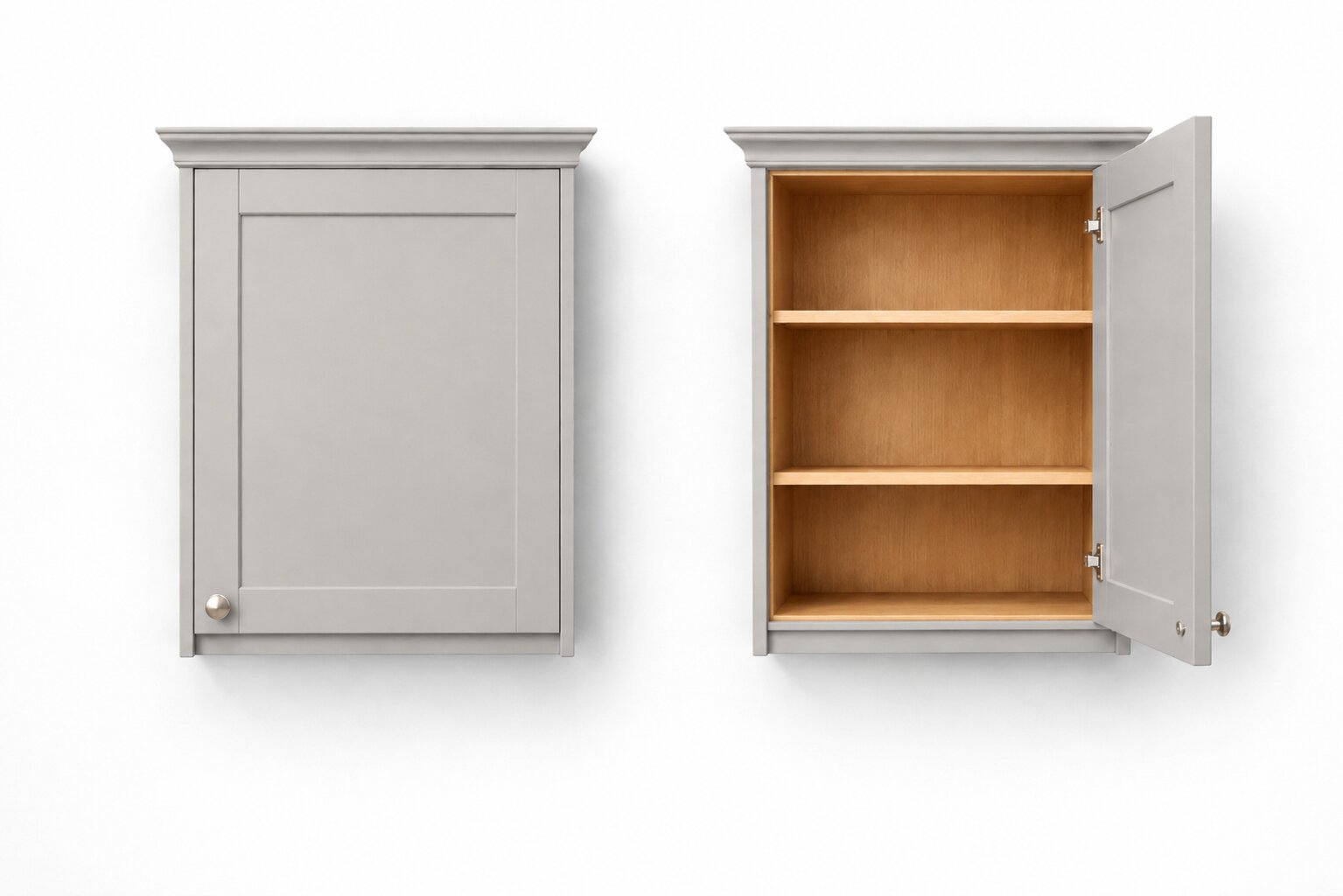 Right-hand kitchen cabinet door shown closed and open with hinges on the right
